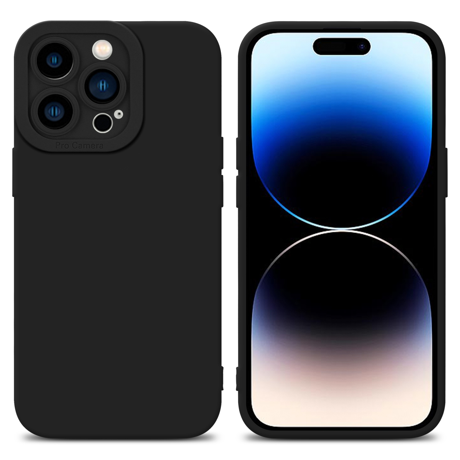 Custodia nera per telefono con schermo del telefono a destra. La custodia ha un modulo fotocamera.