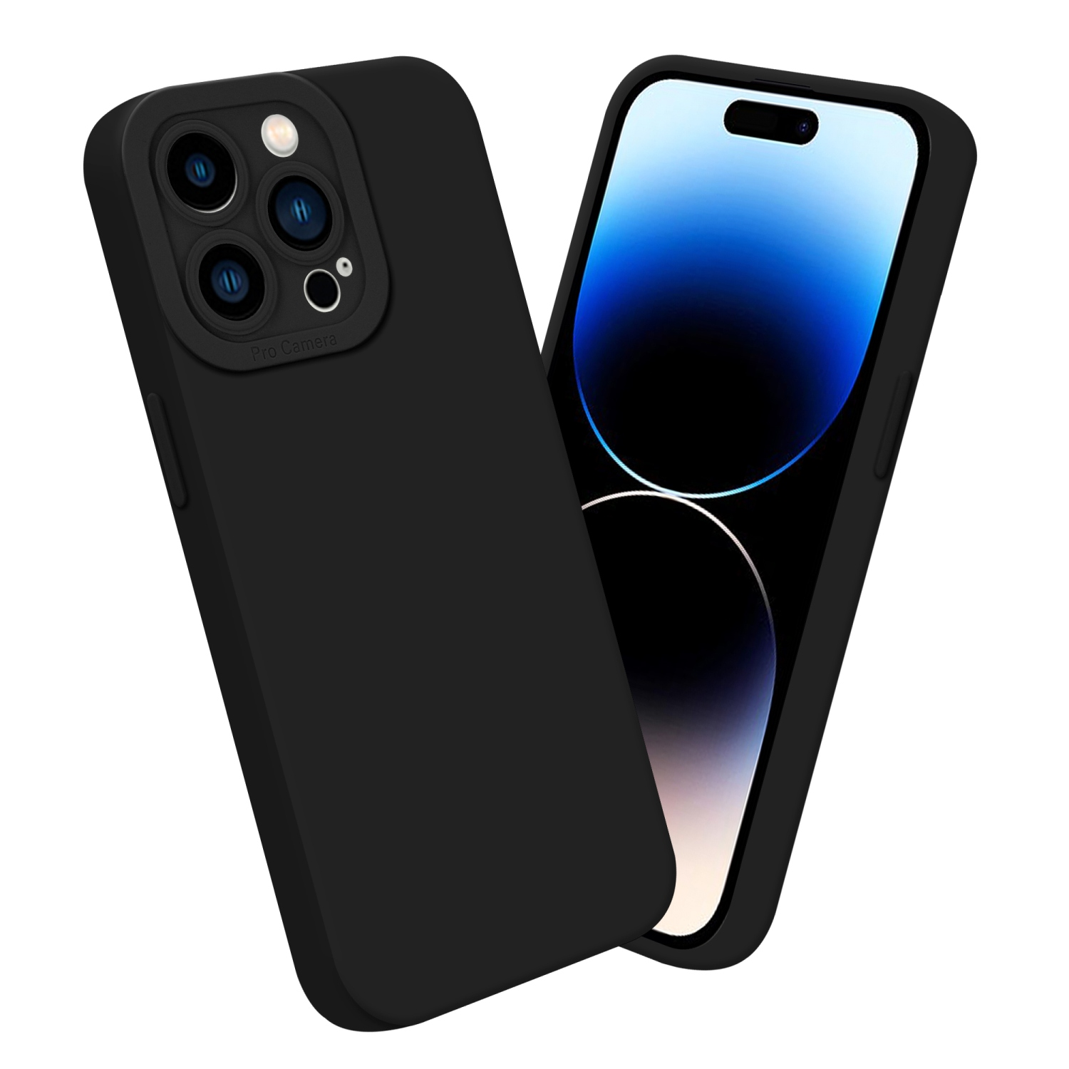 Custodia per telefono nera con telefono all'interno. La parte posteriore del telefono ha tre fotocamere. Sfondo bianco.