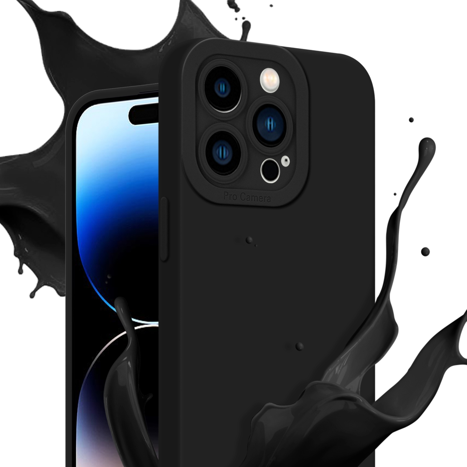 Custodia per telefono nera con schizzo nero. Il telefono ha una tripla fotocamera. Sfondo bianco.