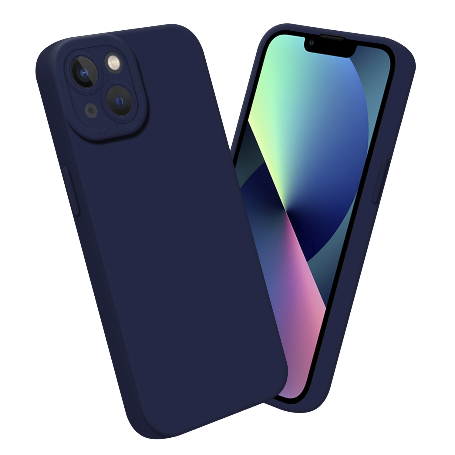 Zwei marineblaue Handyhüllen, eine mit Telefon, zeigt Design von Telefon und Hülle.