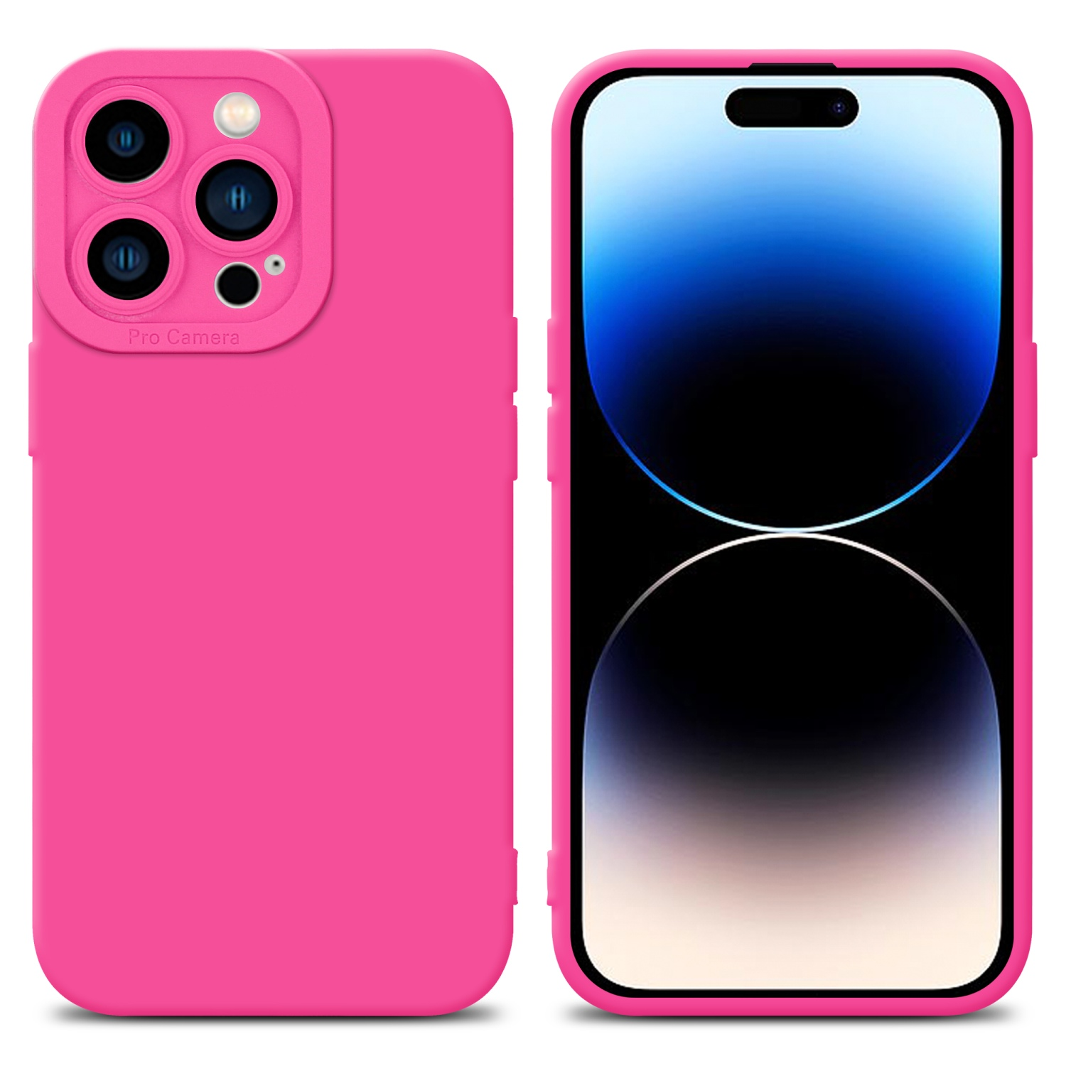 Custodie rosa per telefono, una con telefono, l'altra vuota, che mostra il design del telefono e della custodia.