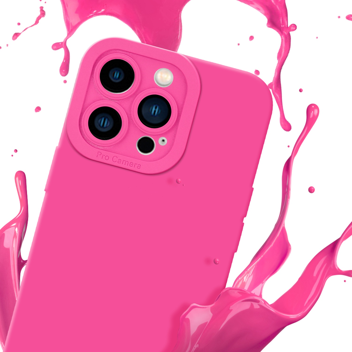 Custodia rosa con telefono, circondata da schizzi di vernice rosa.