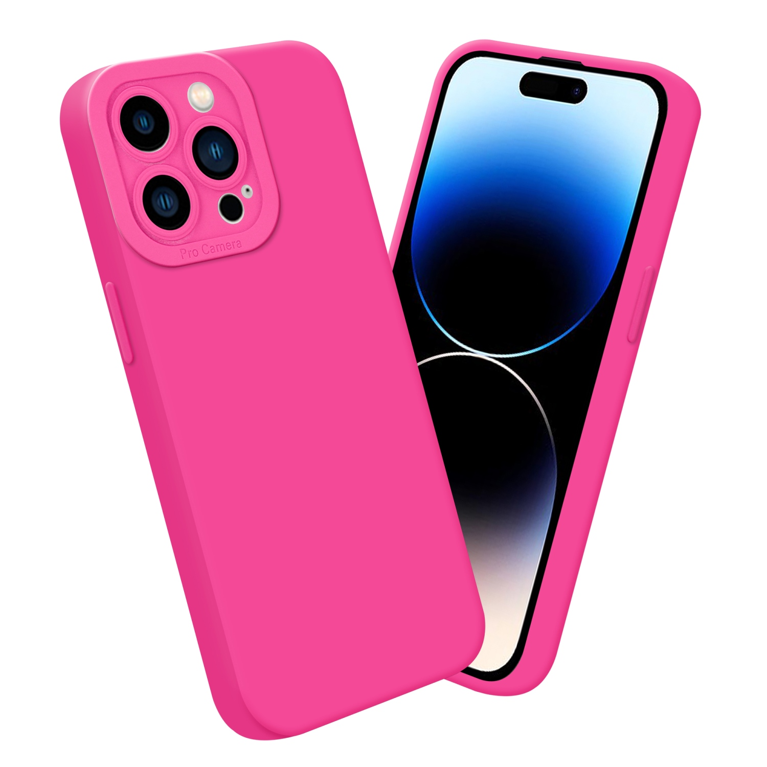 Custodia e telefono rosa. Il telefono ha uno schermo blu e bianco. Sfondo bianco.
