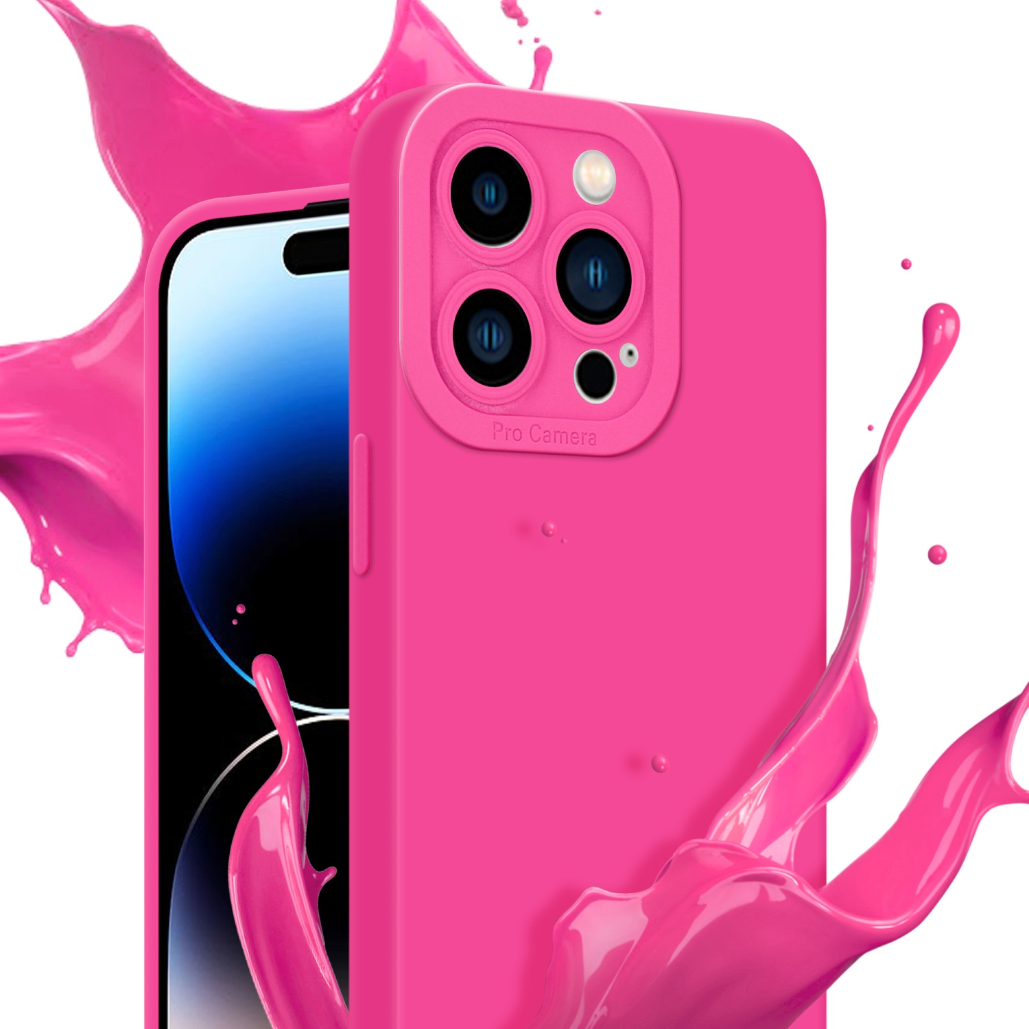 Custodia per telefono rosa con splash. Un telefono è all'interno. Testo 'Pro Camera' visibile sulla custodia.