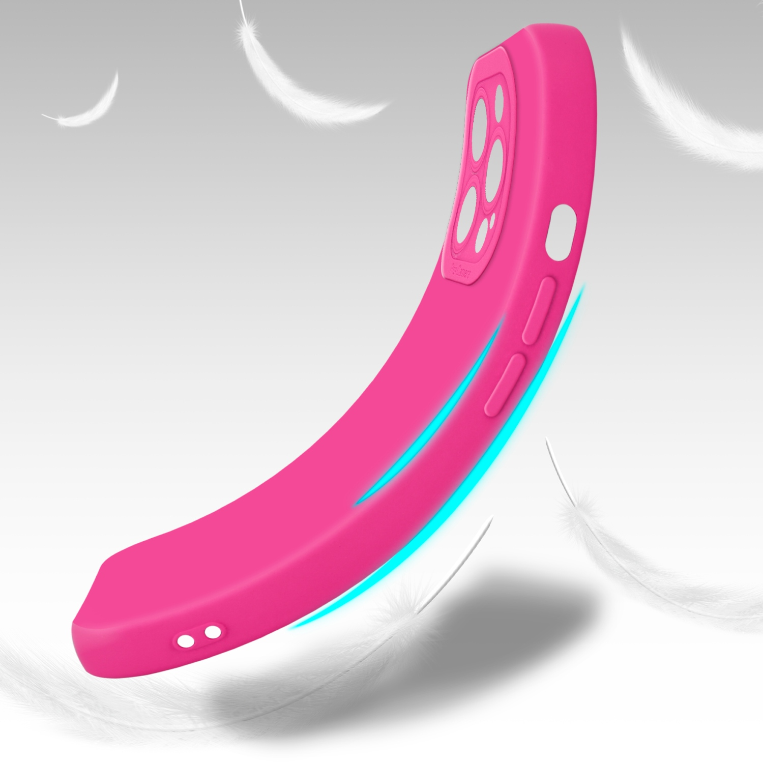 Custodia rosa con piume sullo sfondo. La custodia è curva, mostrando volume e design.