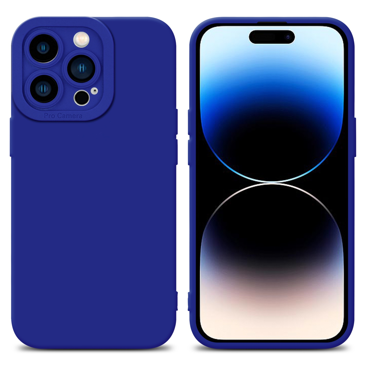 Due immagini di una custodia per telefono blu reale, una di lato e l'altra frontale.