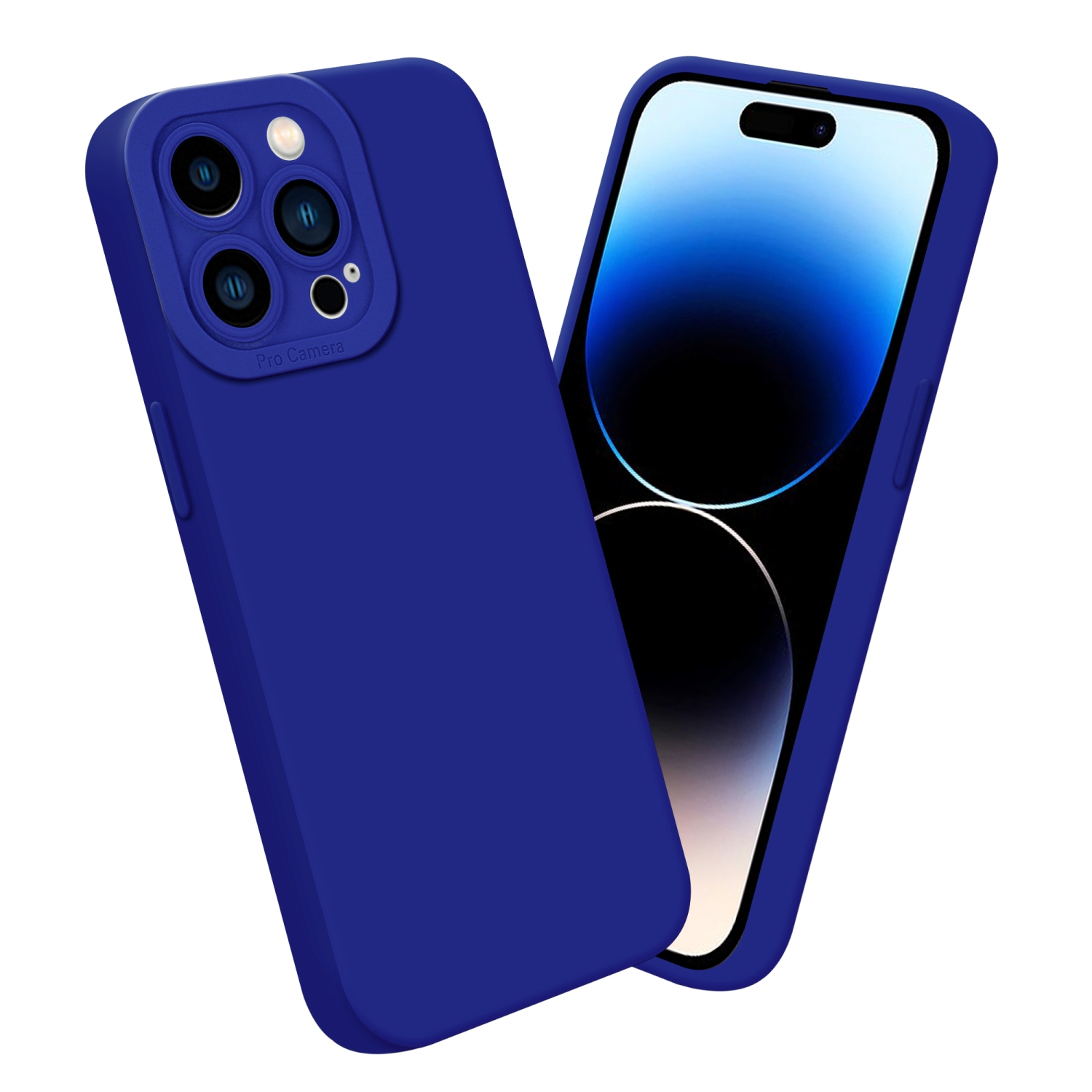 Una custodia blu per telefono con ritaglio per la fotocamera, su una superficie bianca. Un telefono dentro.
