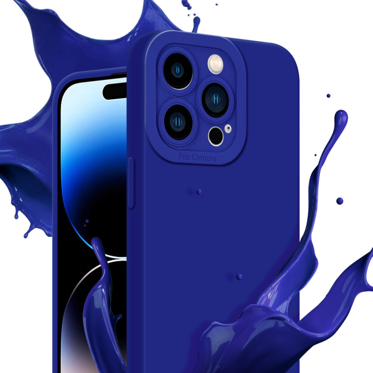 Una custodia blu per telefono con un telefono all'interno, spruzzi di vernice blu sui lati. Il telefono ha tre fotocamere.