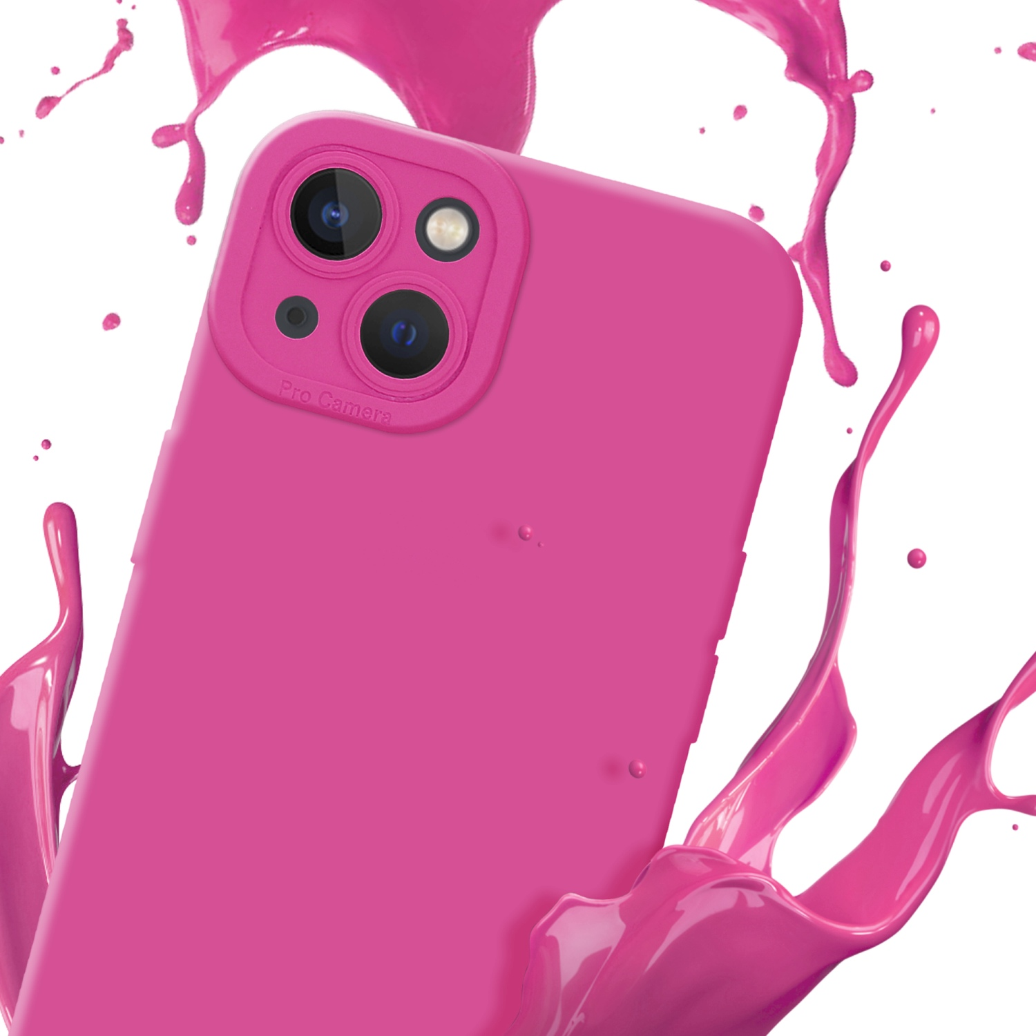 Custodia rosa per telefono con fotocamera ed effetti di spruzzi di liquido rosa intorno.