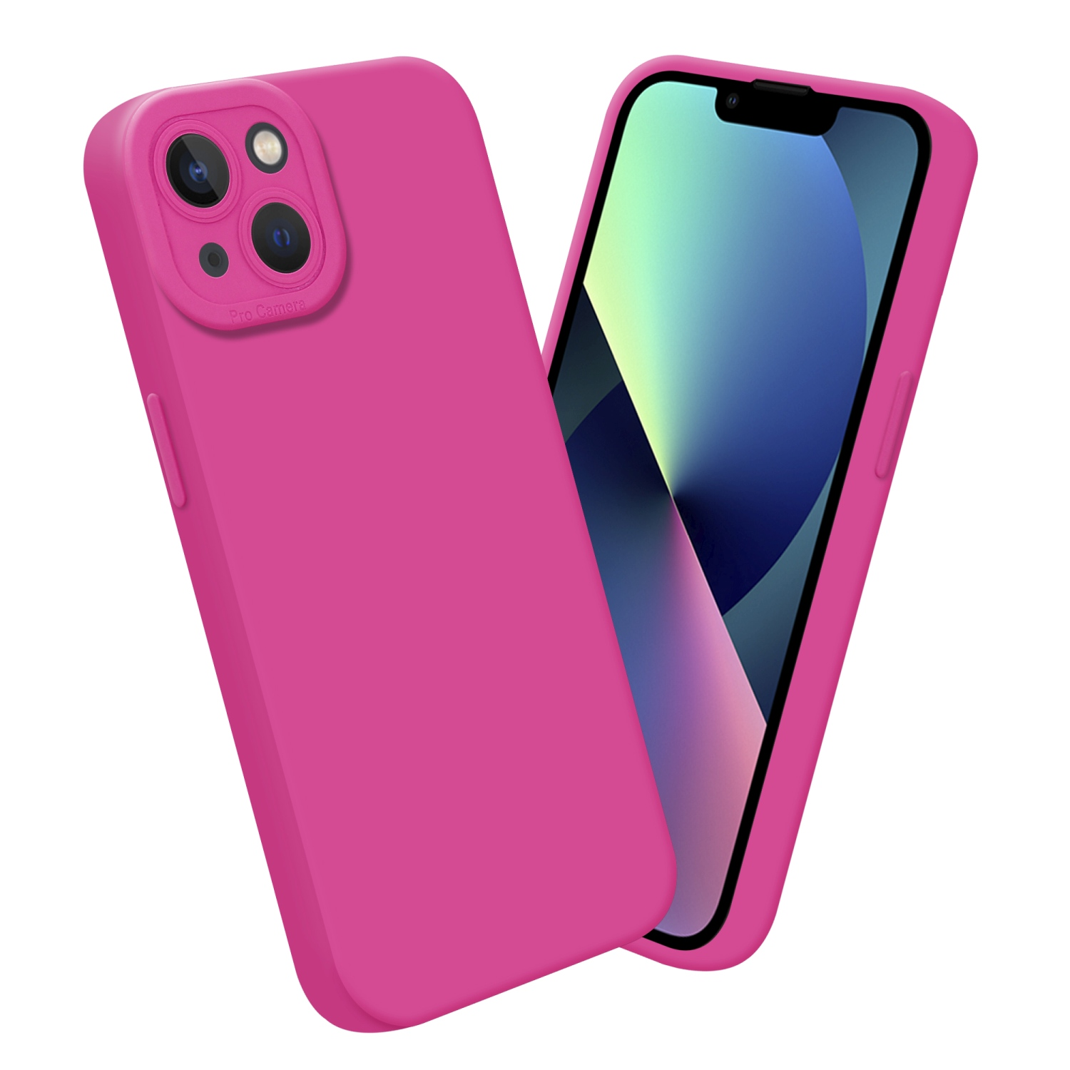 Due custodie rosa per telefono, una con un telefono dentro. La custodia ha ritagli per la fotocamera e una superficie liscia.