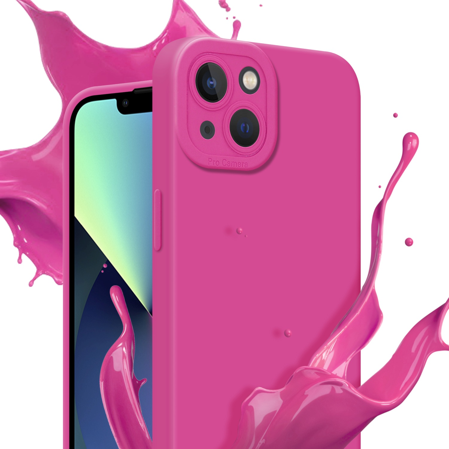 Custodia per telefono rosa con effetto splash. Schermo del telefono visibile. Dettaglio fotocamera Pro.
