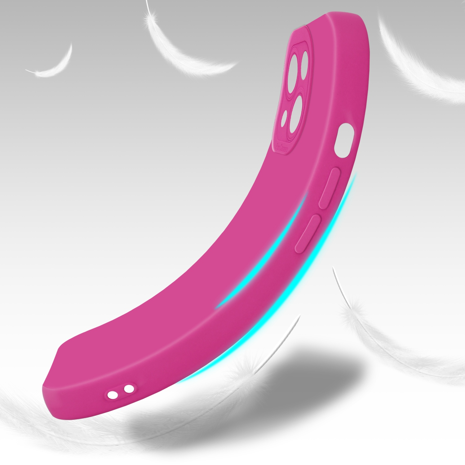 Custodia rosa per telefono a forma curva con piume bianche che cadono, effetto luce blu.
