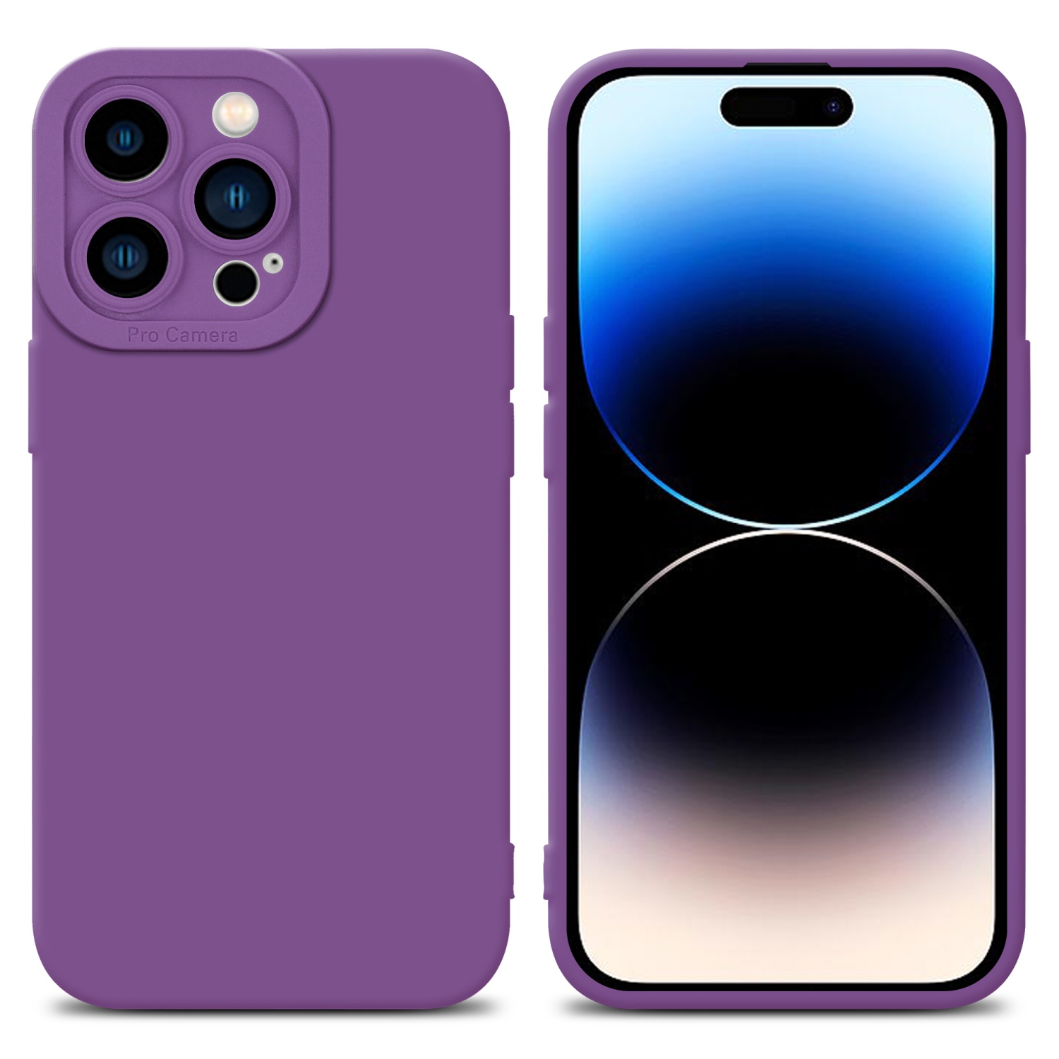 Due custodie per telefono: una custodia viola a sinistra e un telefono che mostra un display a destra.
