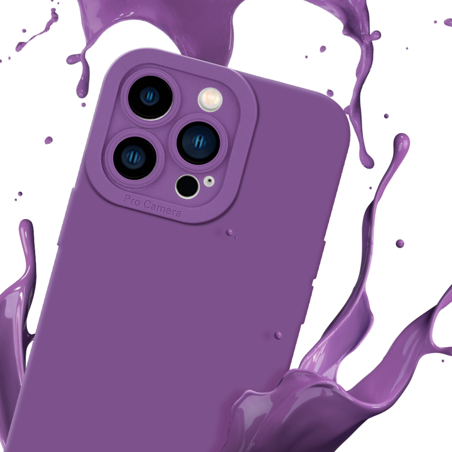 Una custodia per telefono viola con uno spruzzo di liquido viola su sfondo bianco.