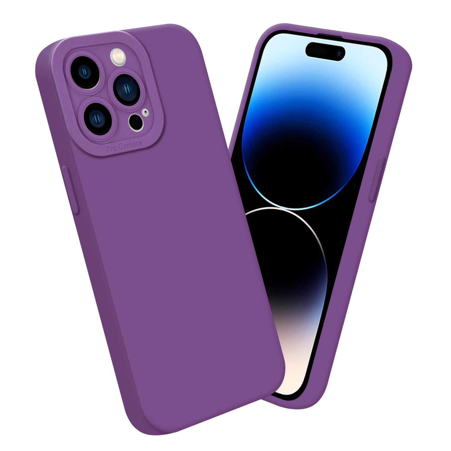 Due custodie viola per telefono. Una copre un telefono, l'altra è angolata per mostrare la fotocamera.