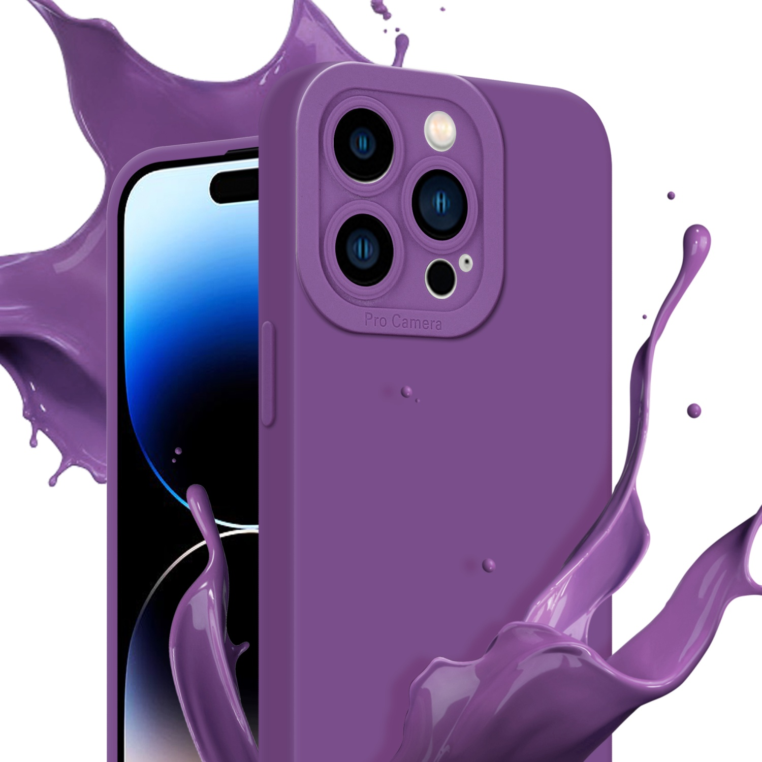 Custodia viola con telefono. Schizzo di vernice viola sullo sfondo.