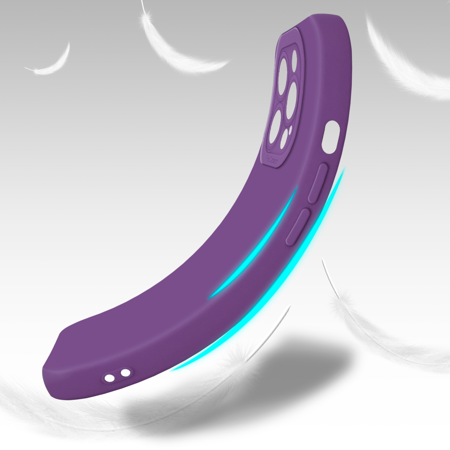 Custodia viola per telefono a mezz'aria, curva. Piume sullo sfondo. Una luce blu accentua la curva.