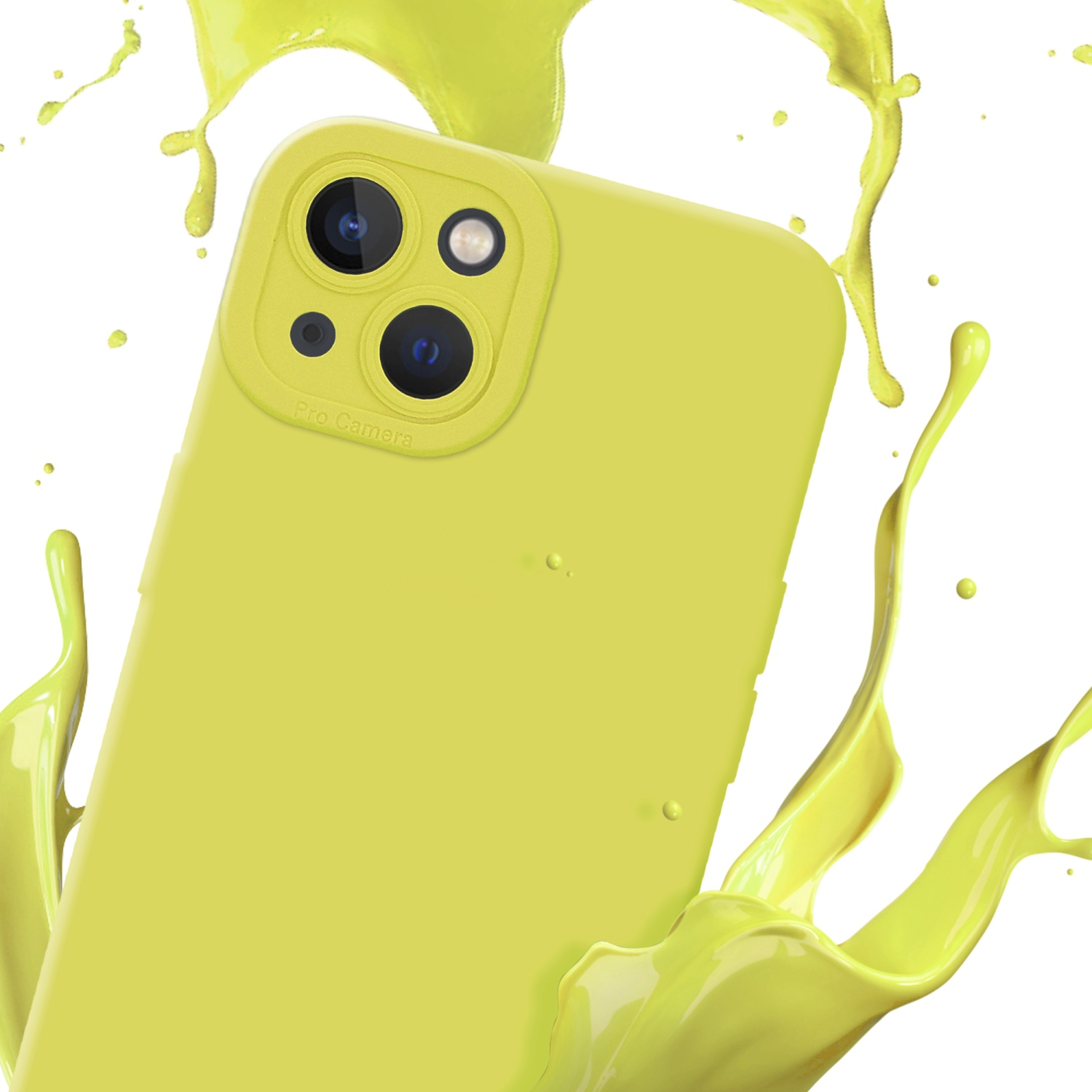 Custodia gialla per telefono con obiettivo della fotocamera. Il telefono è spruzzato di vernice gialla.