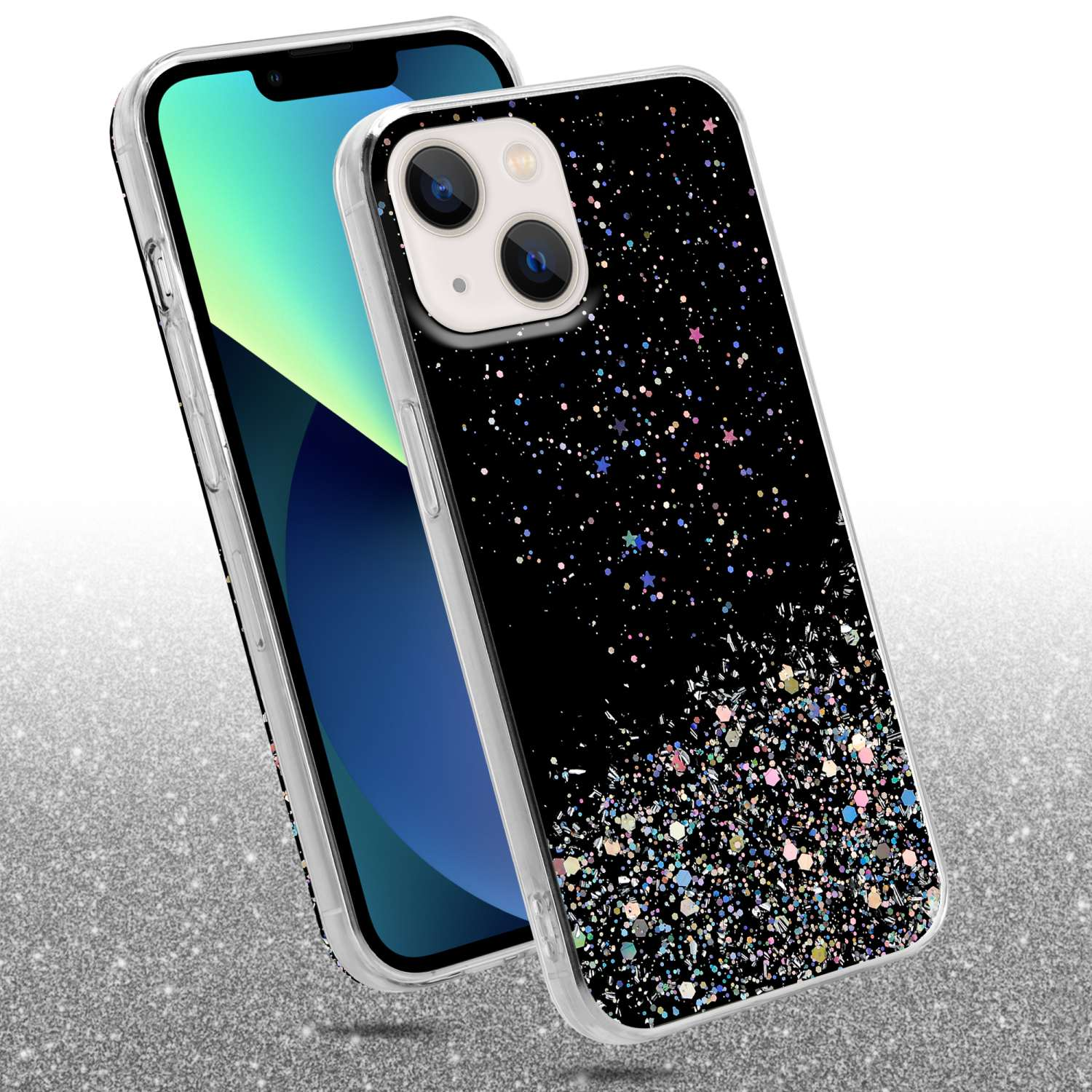 Ein Telefon mit glitzernder schwarzer Hülle, ein anderes Telefon dahinter. Der Hintergrund glitzert.