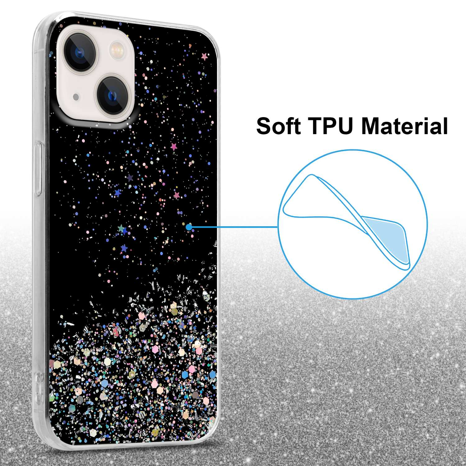 Schwarze Handyhülle mit Glitzer, klarer Umriss und Schriftzug 'Soft TPU Material'.