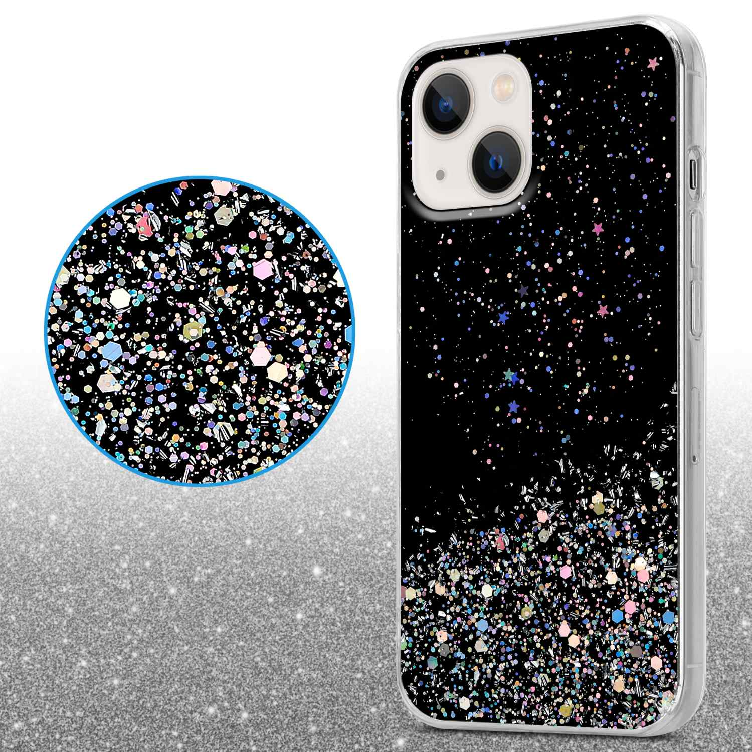 Eine Handyhülle mit schwarzem Glitzerdesign, mit Nahaufnahme des Glitzereffekts.