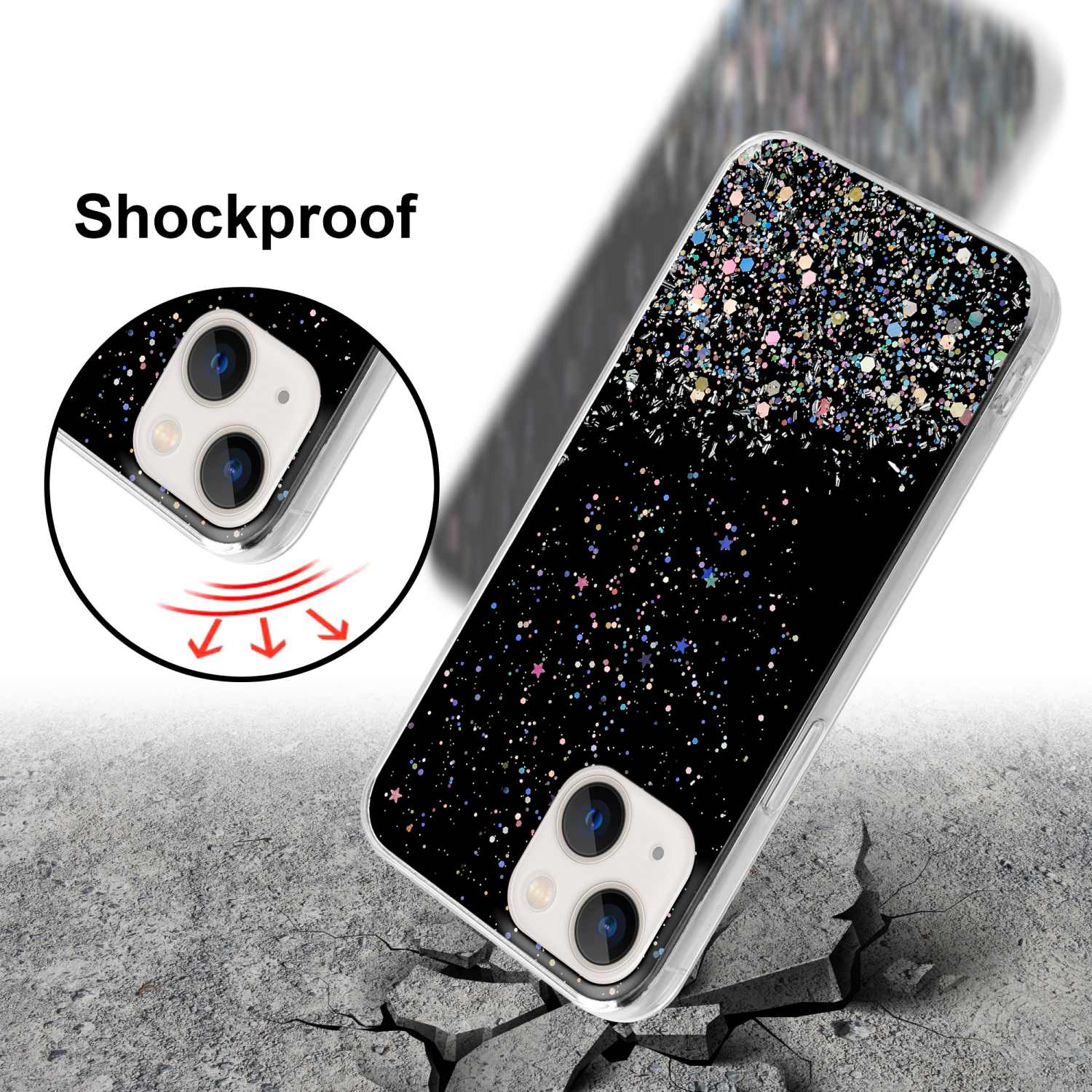 Eine schwarze Handyhülle mit Glitzer auf einer rissigen Oberfläche. Das Wort Stoßfest ist geschrieben.