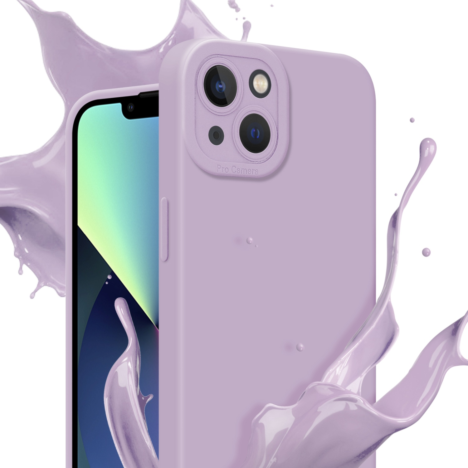 Custodia per telefono lavanda con tre fotocamere e display. Spruzzo di vernice viola.