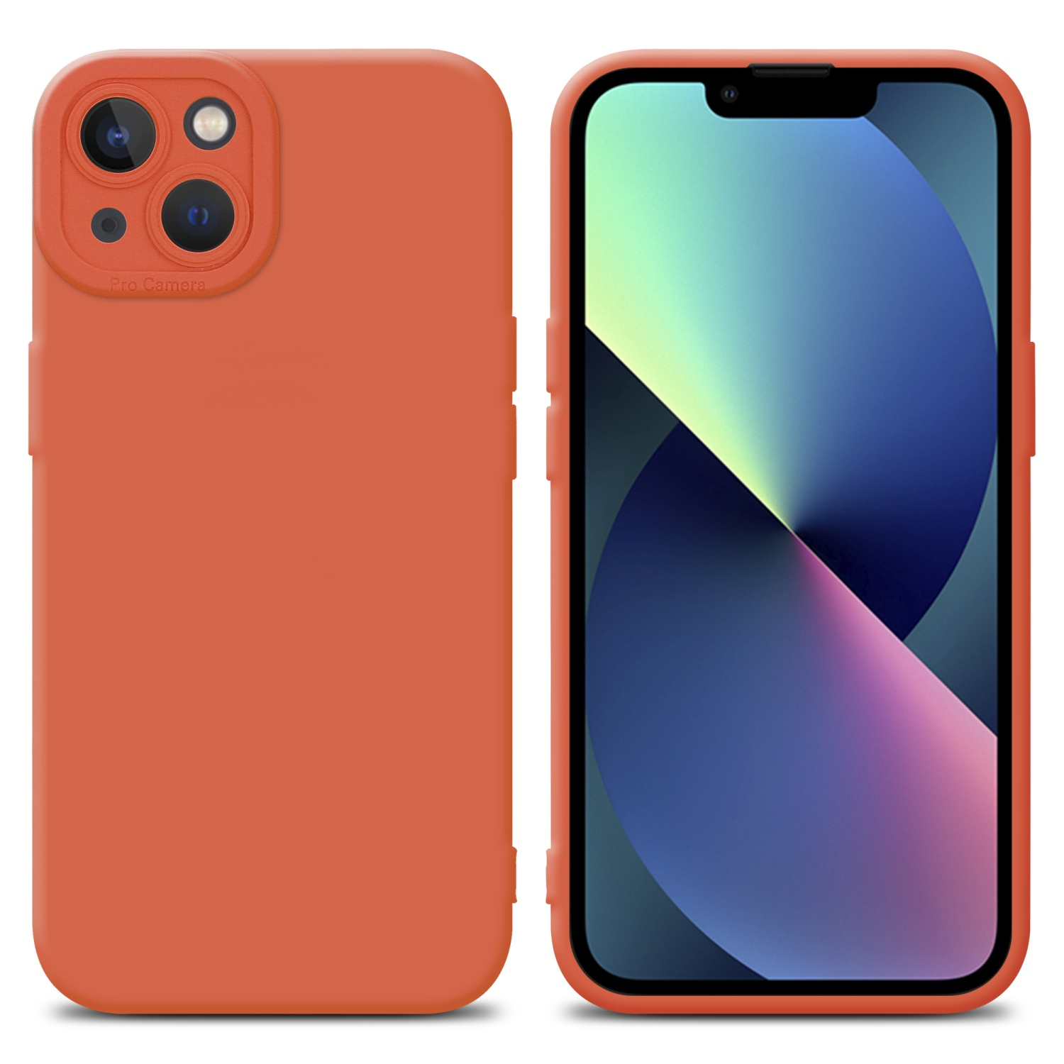 Custodia arancione a sinistra, iPhone con schermo a destra. Sfondo bianco.