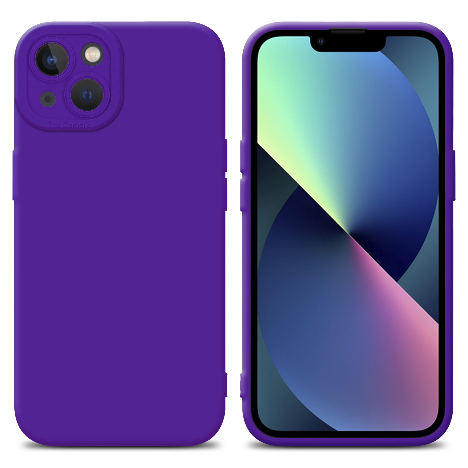 Custodia per telefono viola e iPhone 13. La custodia ha tre fori per la fotocamera e una copertura.