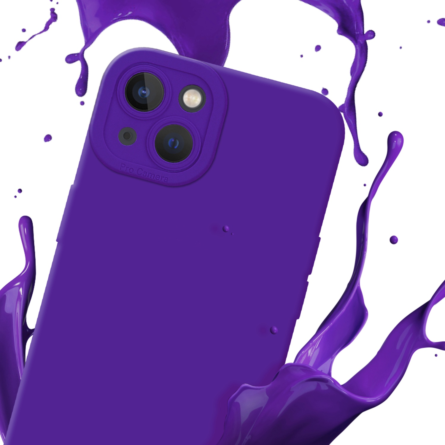 Custodia viola per telefono con obiettivi della fotocamera e schizzi di vernice viola intorno.