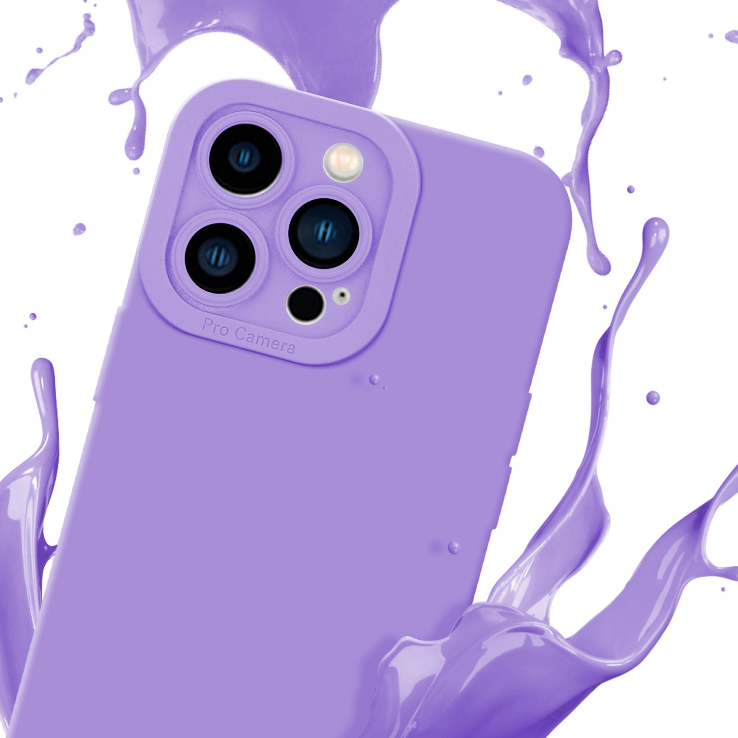 Custodia per telefono lavanda con tre fotocamere. Spruzzo di vernice viola.