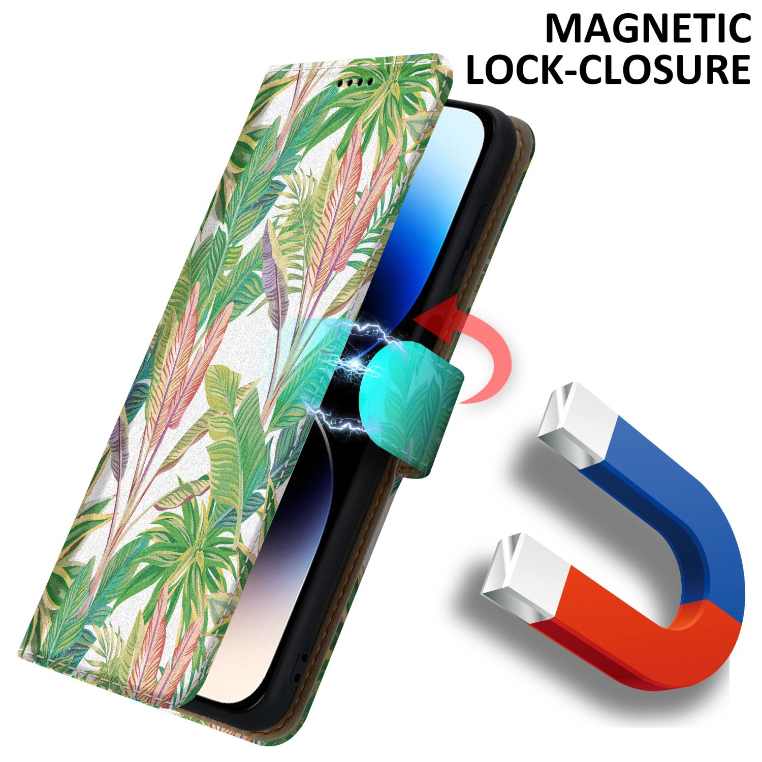 Handyhülle mit floralem Design, Magnetverschluss und Telefon im Inneren.