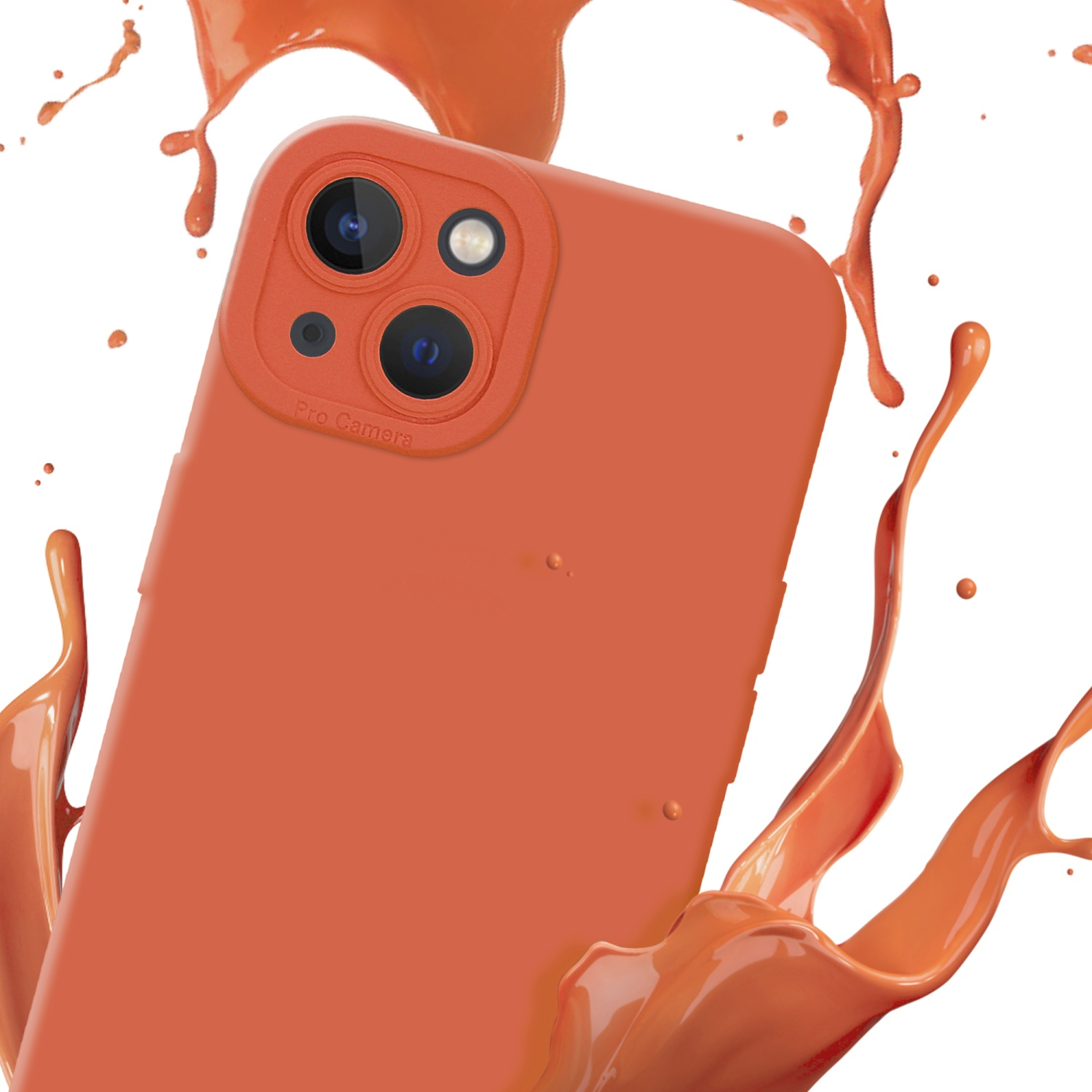 Custodia arancione per telefono con sporgenza per fotocamera ed effetto spruzzo di vernice arancione.