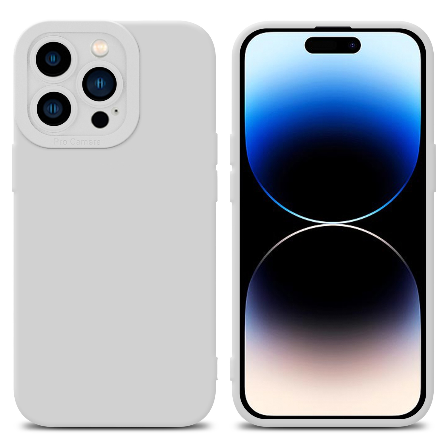 Custodia e telefono bianchi. Il telefono ha uno schermo blu e bianco, sfondo bianco.