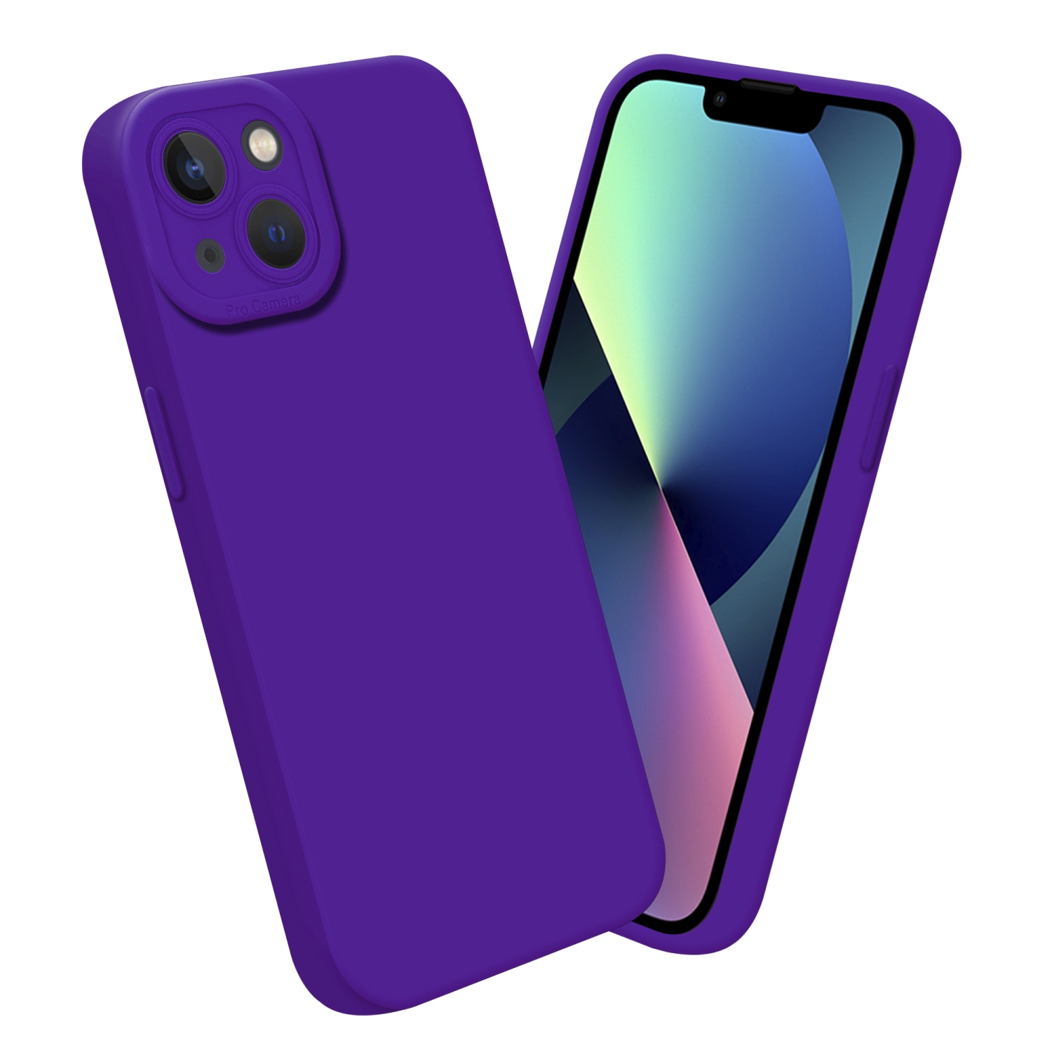 Custodia per telefono viola e telefono. Lo schermo del telefono mostra un'immagine blu.