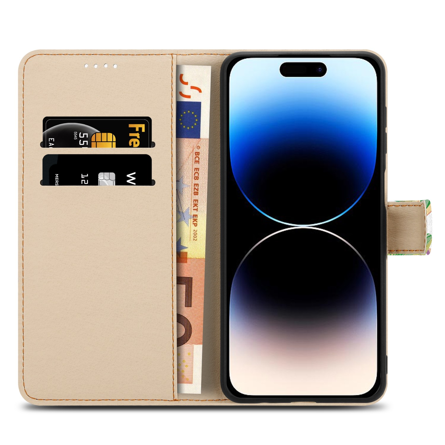 Ein Telefon in einer beigefarbenen Brieftaschen-Hülle mit Karten und Geld.