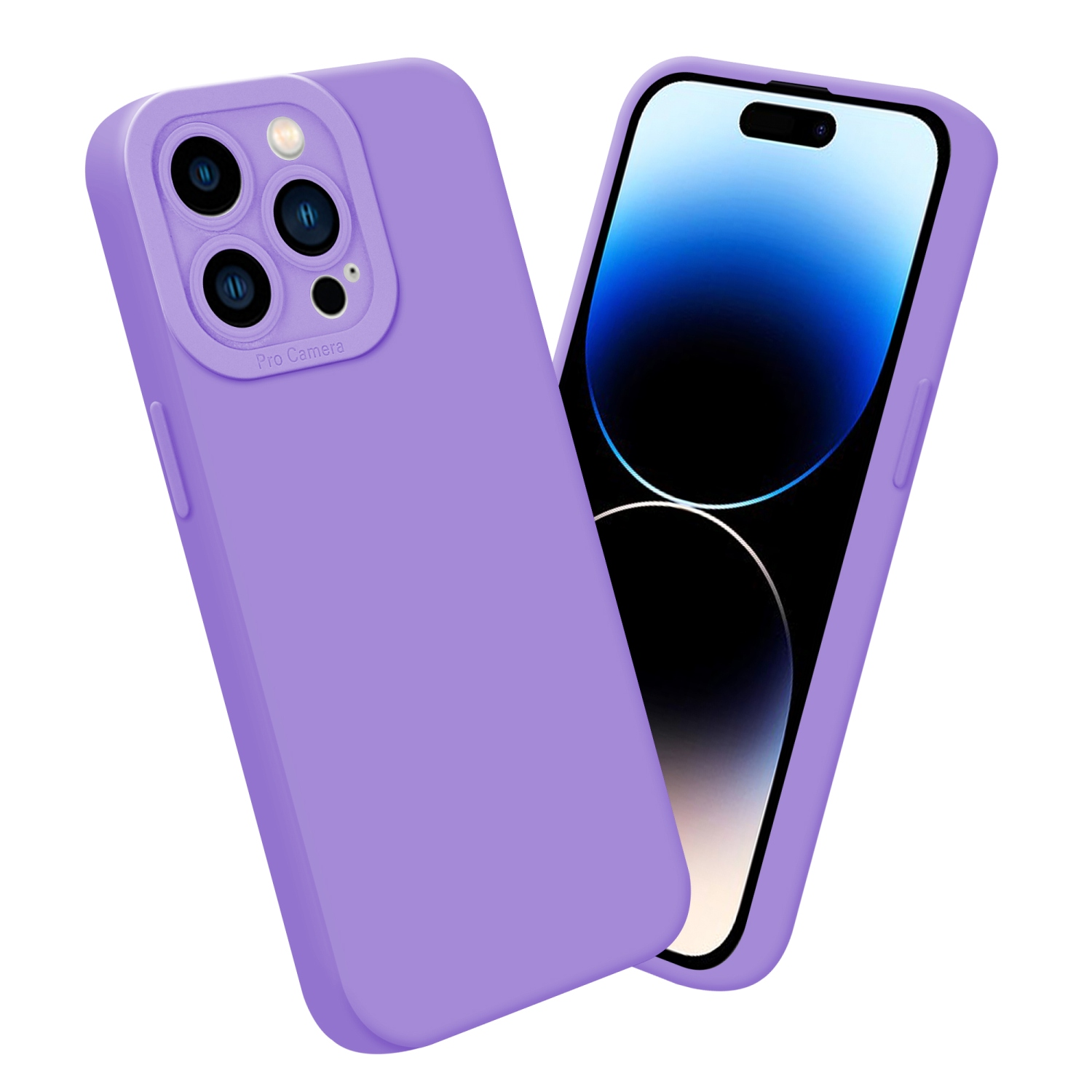 Due custodie viola per telefono. Una custodia ha il telefono all'interno. Sfondo bianco.