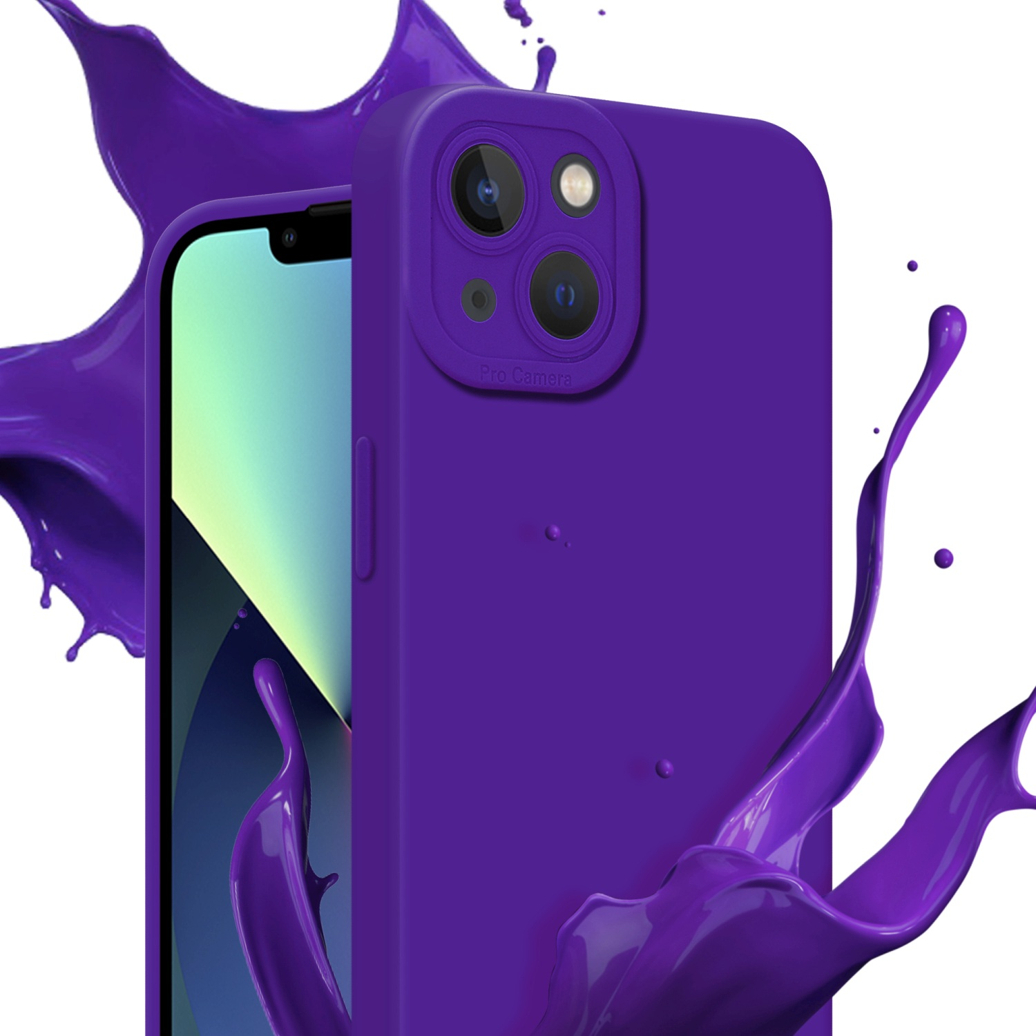 Custodia viola per telefono con schizzi di vernice su sfondo bianco, con fotocamera pro.