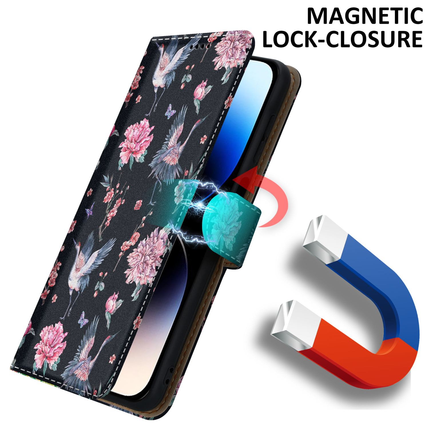 Telefonhülle mit Blumendesign, geöffnet, Telefon zeigend. Magnetverschluss.
