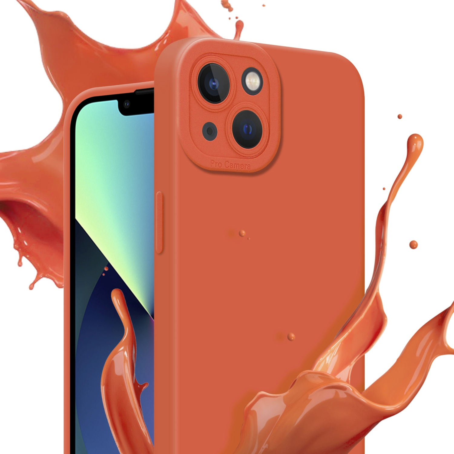 Custodia arancione con telefono, circondata da schizzi di vernice arancione.