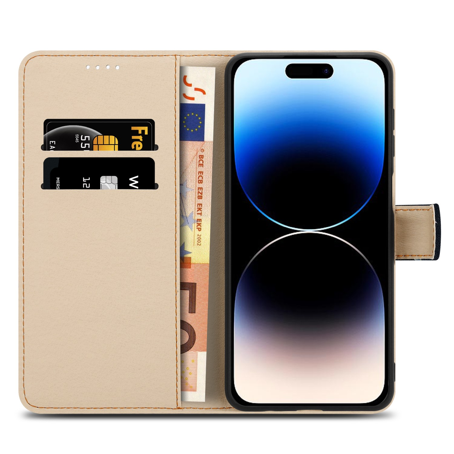 Telefon in beige Brieftasche mit Geld und Karten sichtbar. Das Telefon ist rechts.