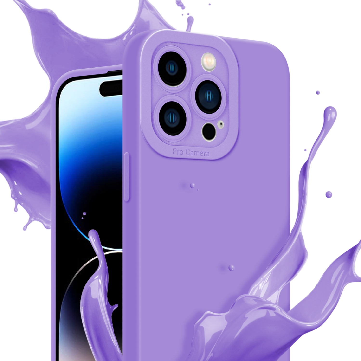 Custodia viola con telefono. Schizzo di vernice viola sullo sfondo.
