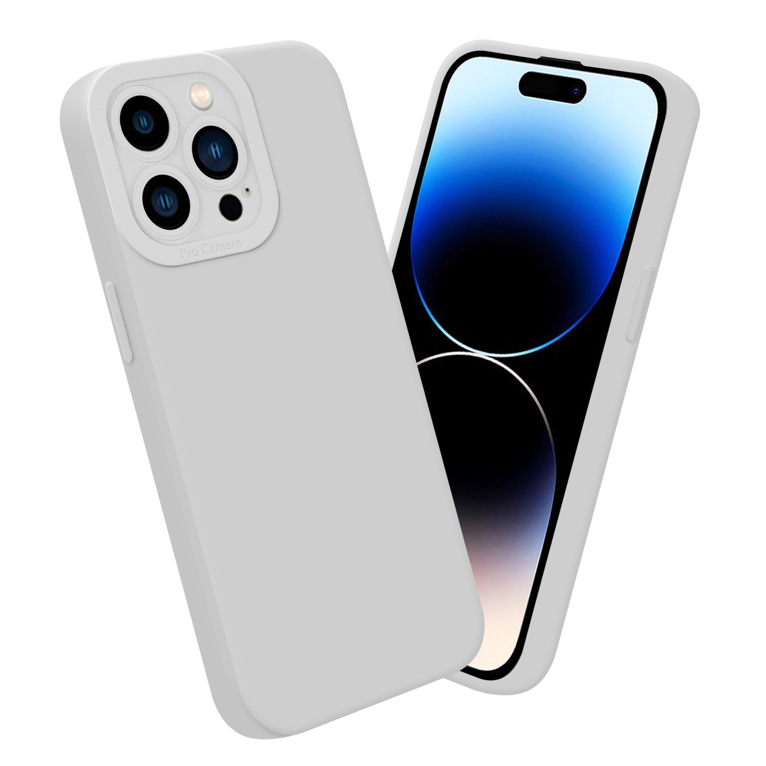 Due custodie per telefono grigio chiaro, una con protuberanza della fotocamera, una con schermo del telefono.