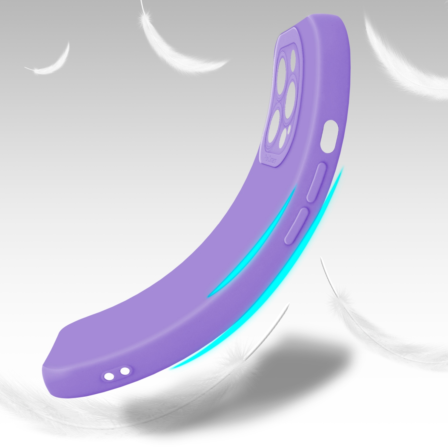 Custodia per telefono viola con un design curvo, che fluttua con piume.
