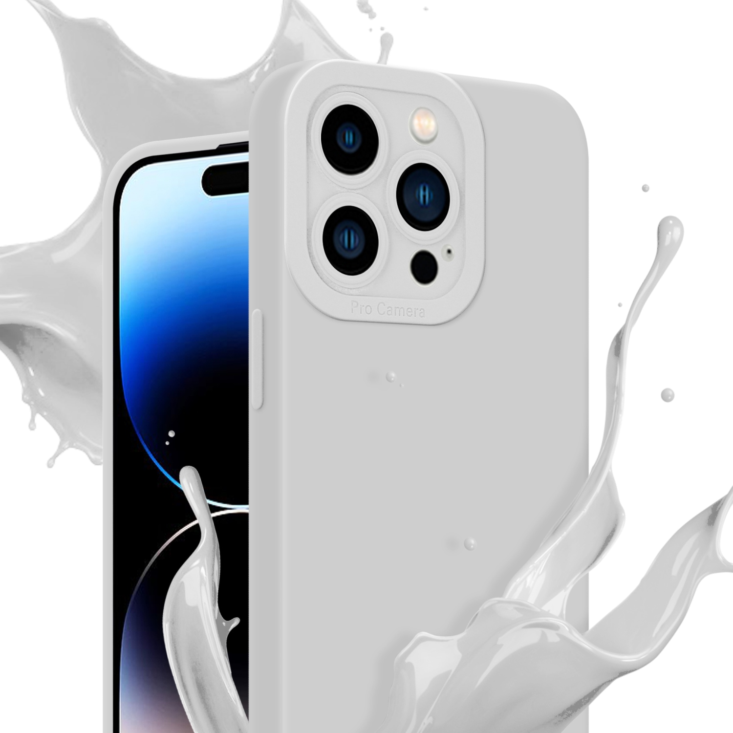 Primo piano di uno smartphone in una custodia bianca con uno spruzzo di liquido bianco. Il telefono è a fuoco.