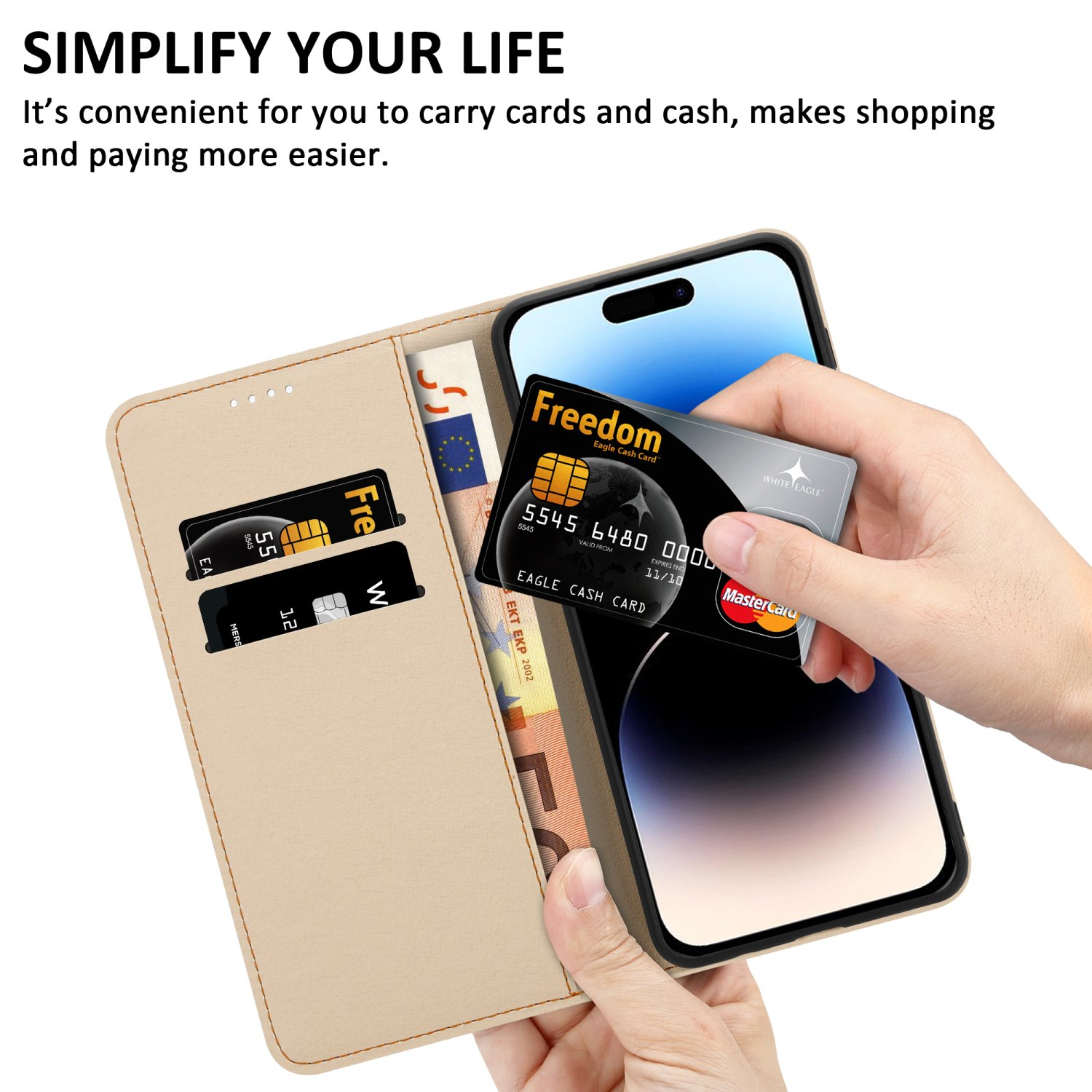 Ein Telefon in einer Brieftaschenhülle mit Karten. Text: Vereinfachen Sie Ihr Leben. Eine Hand hält eine Kreditkarte.