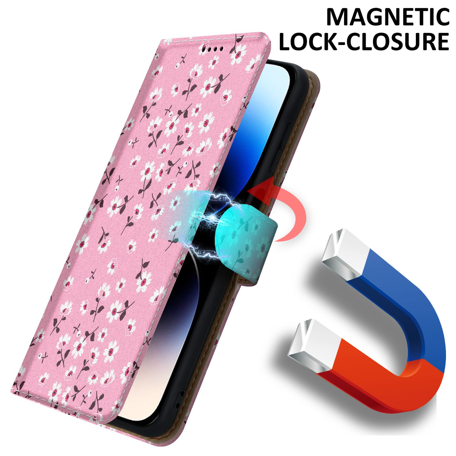 Rosa Handyhülle mit floralem Design. Ein magnetischer Verschluss und ein Magnet.