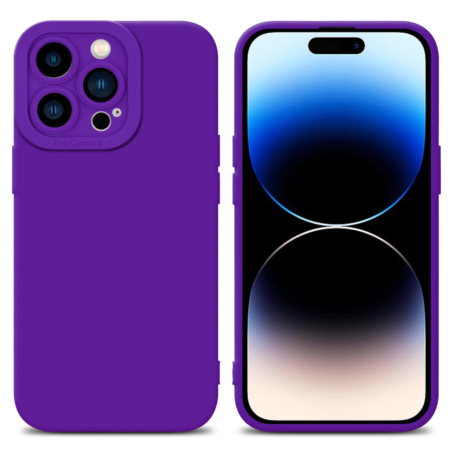 Due telefoni con custodie viola uno accanto all'altro. Un telefono è acceso, mostrando il suo schermo.