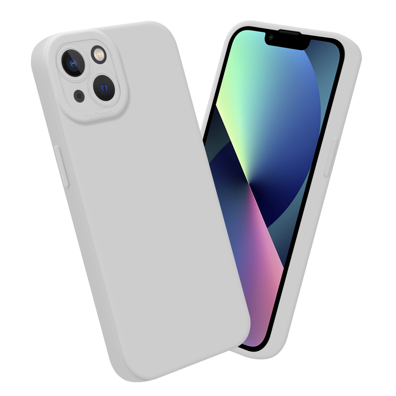 Custodia e telefono grigi. Il telefono ha uno schermo blu e bianco. Sfondo bianco.