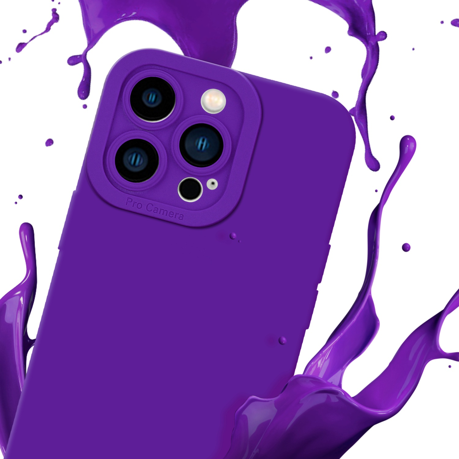 Custodia per telefono viola con protuberanza della fotocamera e spruzzo di vernice viola su sfondo bianco.